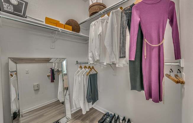 A closet with a purple dress hanging on the right side.