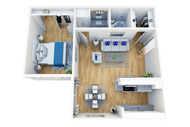 A 3D floor plan of a house showing a living room, kitchen, and bedrooms.