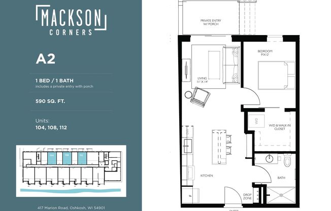 1 bed, 1 bath, 590 sqft, $1,395, Unit 212