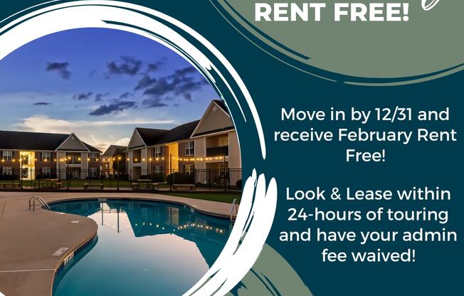 A promotional image for McArthur Landing offering a rent-free move-in for February with a 24-hour touring period.