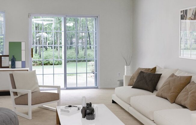 living room and sliding glass doors at Mirror Pond, New York