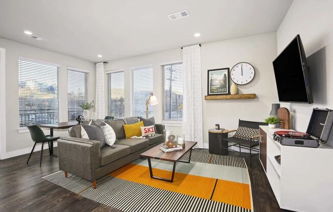 A living room with a grey couch, a coffee table, and a television.
