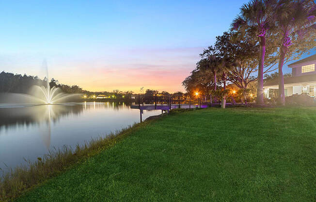 Community Fountain and Deck at Vinings at Hunter's Green Apartments in Tampa, FL.