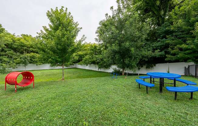 a group of picnic tables and benches in the grass