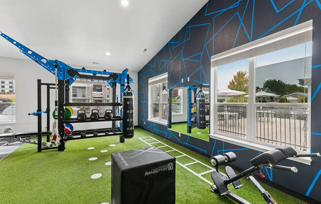 A gym with a blue and black color scheme and various exercise equipment.