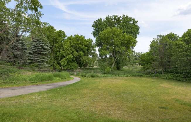 a grassy area with a gravel path and trees in the background