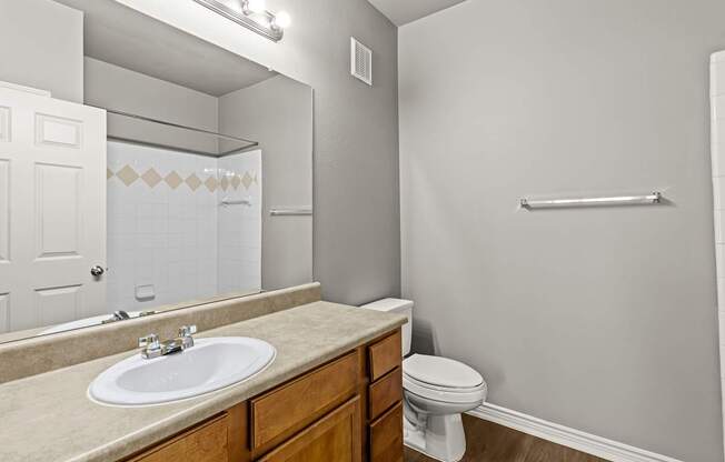 A bathroom with a sink, toilet, and a mirror.
