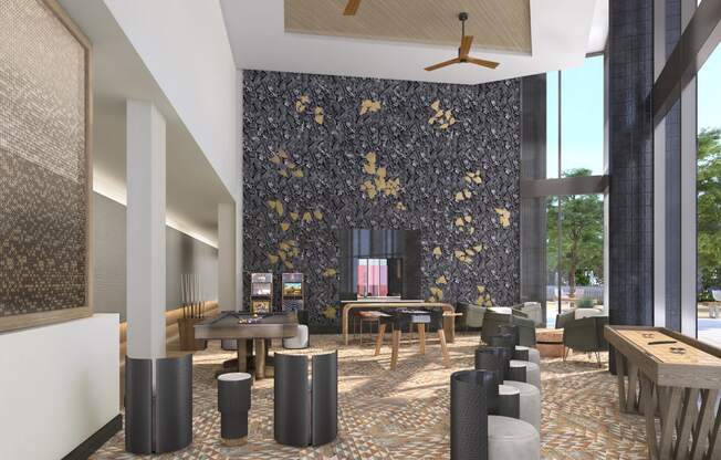 a rendering of a lobby with tables and chairs and a ceiling fan