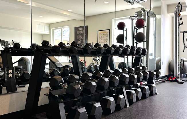 A gym with a rack of dumbbells and a mirror at Spyglass Hill Apartments, Bremerton, 98337