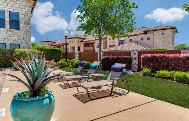 a patio with chairs and a potted plant