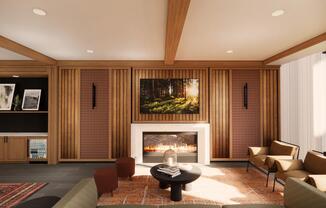 Cozy seating and a welcoming fireplace make the game room lounge at Modera Bridle Trails a warm, inviting place to recharge.