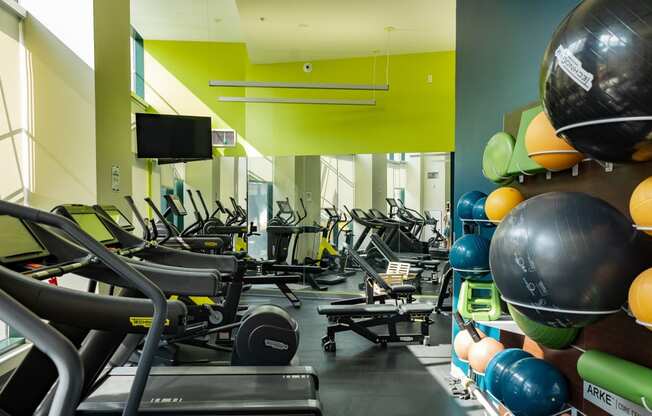 a room filled with lots of cardio equipment and weights