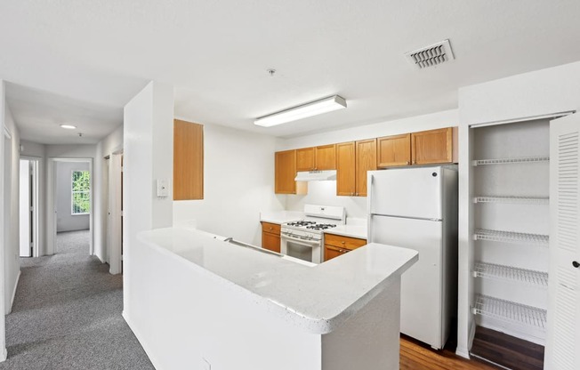 renovated kitchen with wooden cabinets and a white countertop