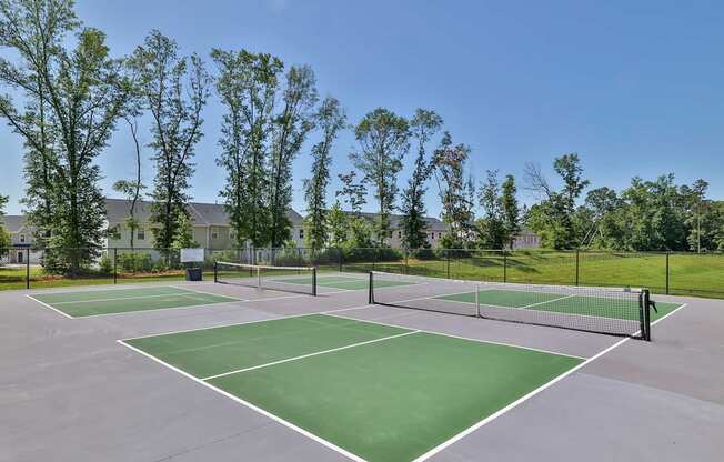 A tennis court surrounded by trees and a fence.