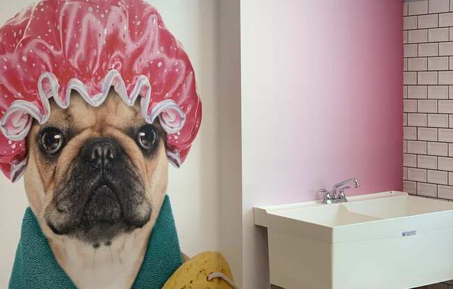 Dog Washer with Wood Inspired Floors, Mural of a Pug in a Green Bathrobe, Pink Shower Cap and Yellow Sponge
