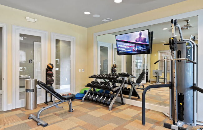 fitness center with TV, mirrors, free weights, and machines