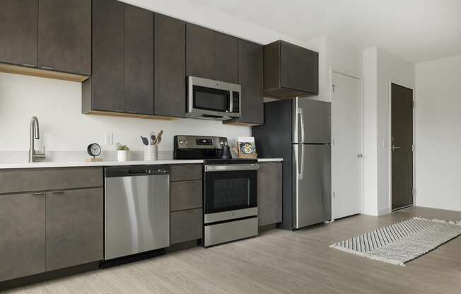 a kitchen with dark cabinets and stainless steel appliances