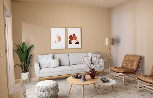 a living room with a couch and a table