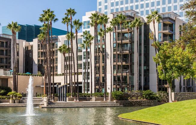 Community exterior overlooking the water feature and open green space.