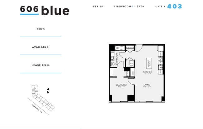 1 bed, 1 bath, 684 sqft, $2,900, Unit 403