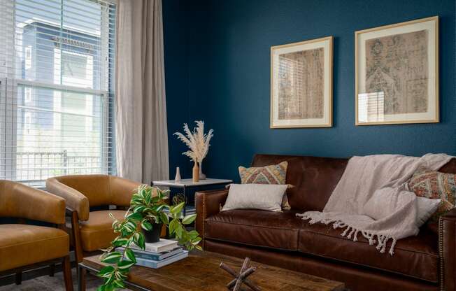 a living room with blue walls and brown leather furniture