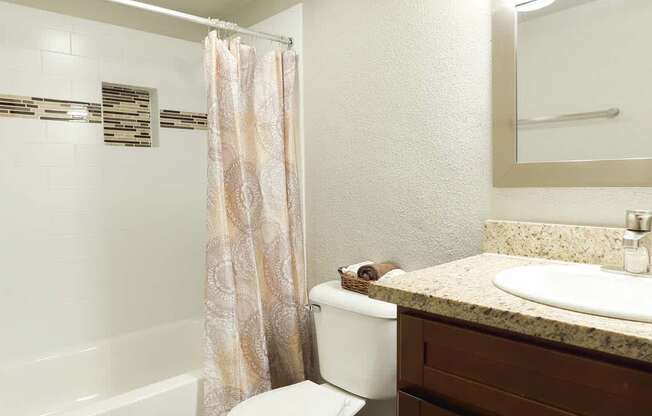 Bathroom with bathtub and large mirror at Willow Creek Apartments, Houston, TX, 77012