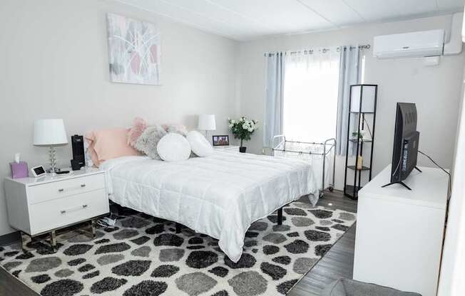 A bedroom with a white bed, a white dresser, and a black and white rug.