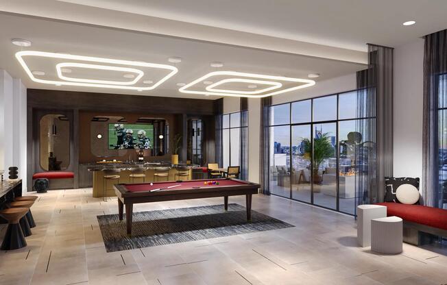 Rooftop lounge with demonstration kitchen, outdoor terrace with firepit, and sweeping views of Downtown Nashville.