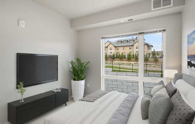 Two BR Apartments in Lakeville MN - Lakeside Flats - Carpetted Bedroom, Unfurnished, with Light Grey Walls, Large Windows, and Overhead Lighting