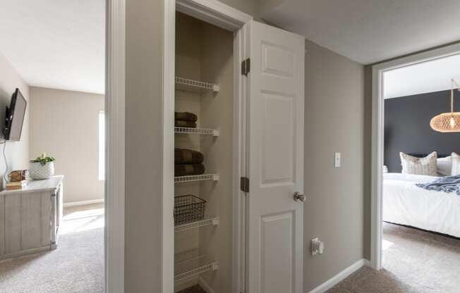 This is a photo of the hall linen closet in the 1226 square foot 3 bedroom, 2 bath Hambletonian at Trails of Saddlebrook Apartments in Florence, KY.