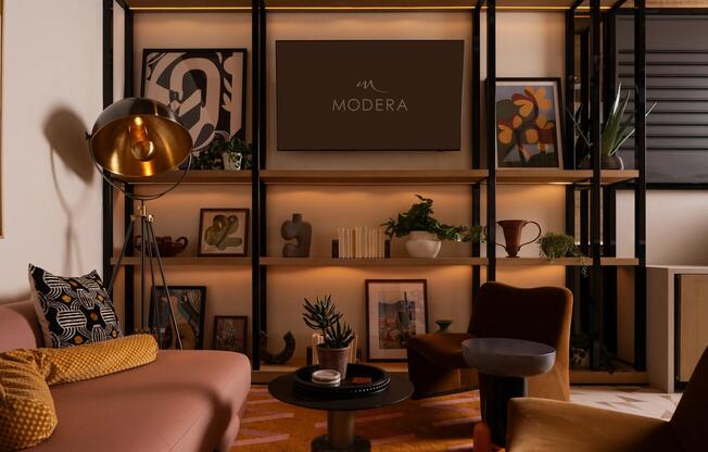 Layered lighting, curated art, and warm finishes create an inviting retreat inside Modera Rio Salado.