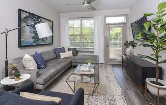 a living room with a gray couch and a coffee table at The Tribute, Raleigh, NC, 27612