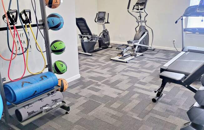 a gym with cardio equipment and weights at the district at highland village apartments