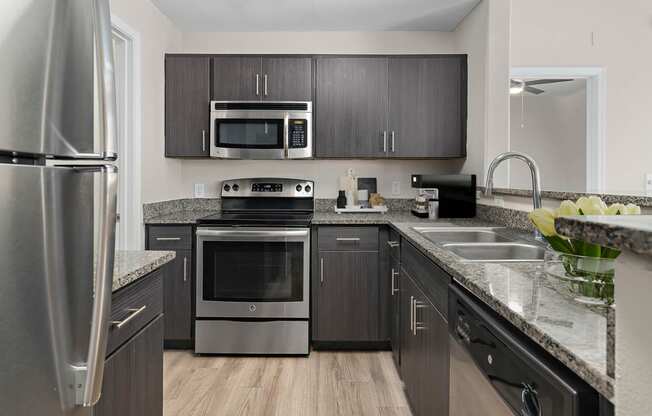 a kitchen with stainless steel appliances and black cabinets