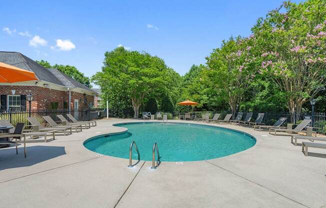 A large swimming pool surrounded by lounge chairs and trees.