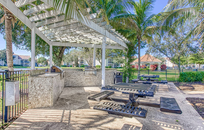 Patio with grill and picnic tables