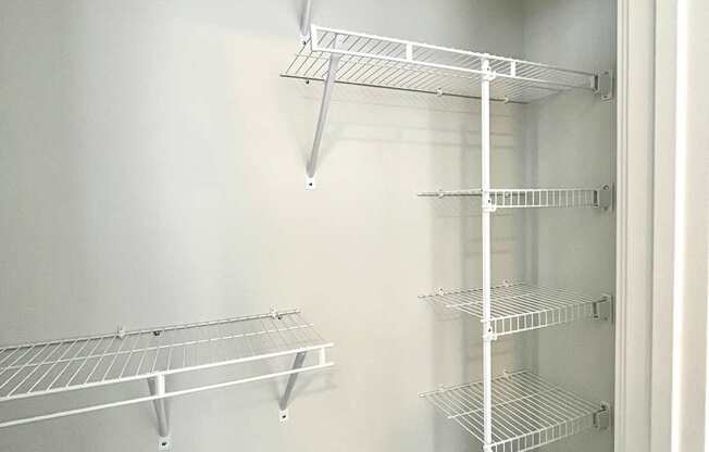 Empty white shelves in a pantry.