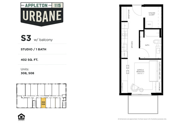 Studio, 1 bath, 402 sqft, $1,285, Unit 508