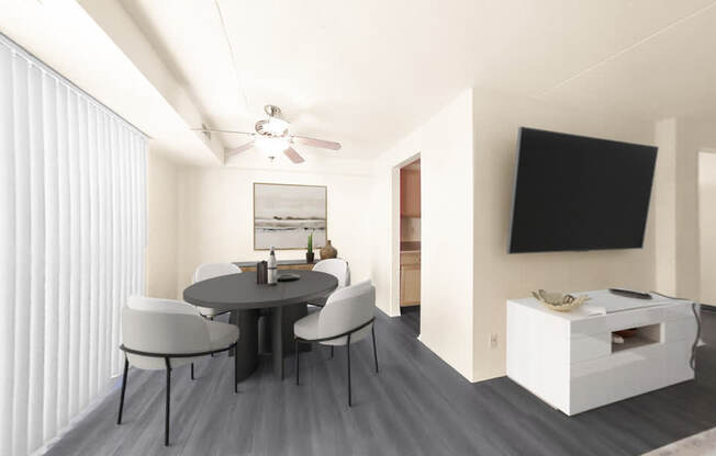 Dining rooms with overhead lighting and ceiling fan