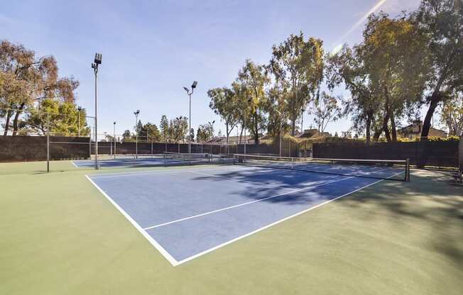 Two tennis courts with trees in the background.