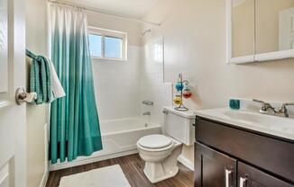 Bathroom with sink, toilet, and shower tub combo at Franklin Commons apartments for rent in Bensalem, PA