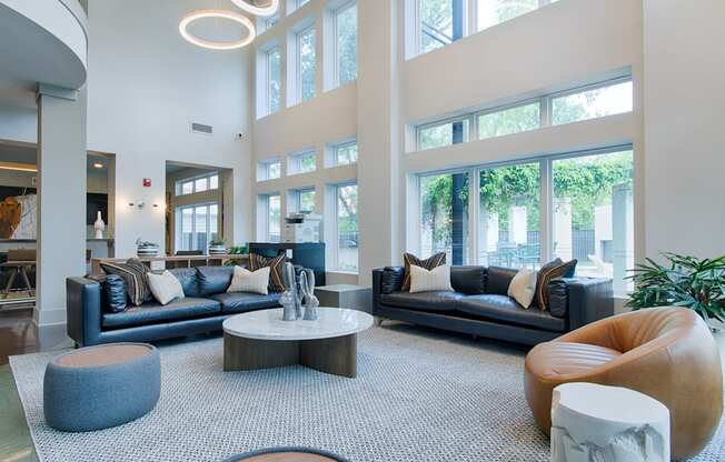 A modern living room with a black couch and a round wooden chair.