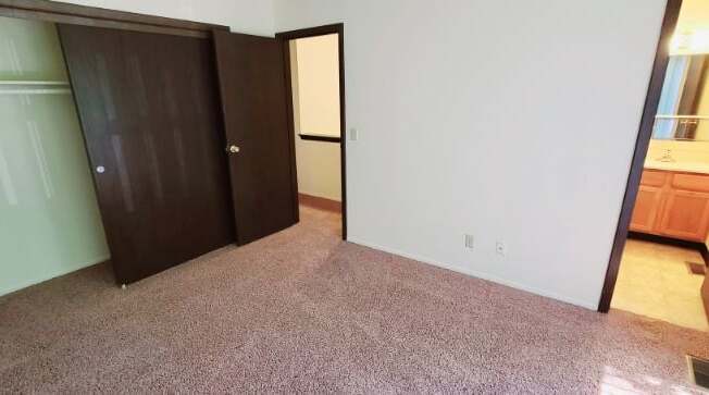A room with a carpeted floor and a brown door.
