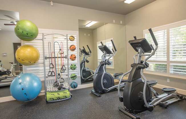A gym with exercise equipment and fitness balls at Stoneridge Apartments, California, 95661