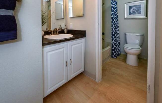 A bathroom with a toilet, sink, and mirror.
