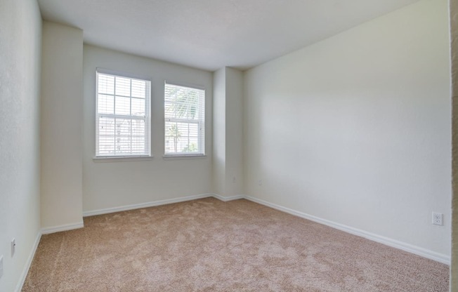 a bedroom with two windows and a carpeted floor