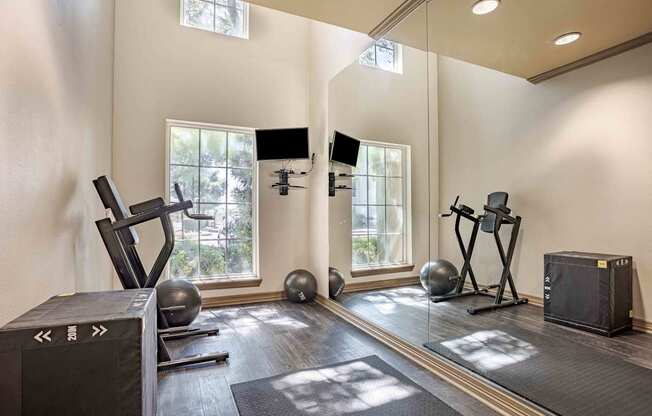 A home gym with a variety of equipment including a treadmill, weights, and a television.