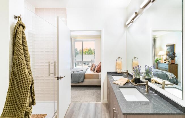A refined primary bath at Modera University Park, featuring clean lines, modern finishes, and a layout designed for everyday ease.