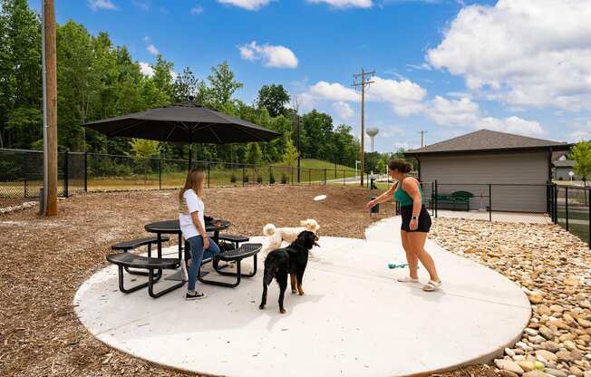 two women and two dogs in a dog park