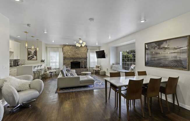 Wide Open, Furnished, Living Room with Plank Flooring, Ample Seating, and Luxurious Atmosphere at Serra Vista Apartment Homes, WA 98087